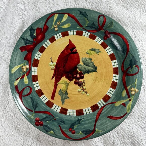 LENOX “Winter Greetings” Everyday Cardinal Dinner Plate - Set of 2, Red Ribbons - Picture 2 of 6